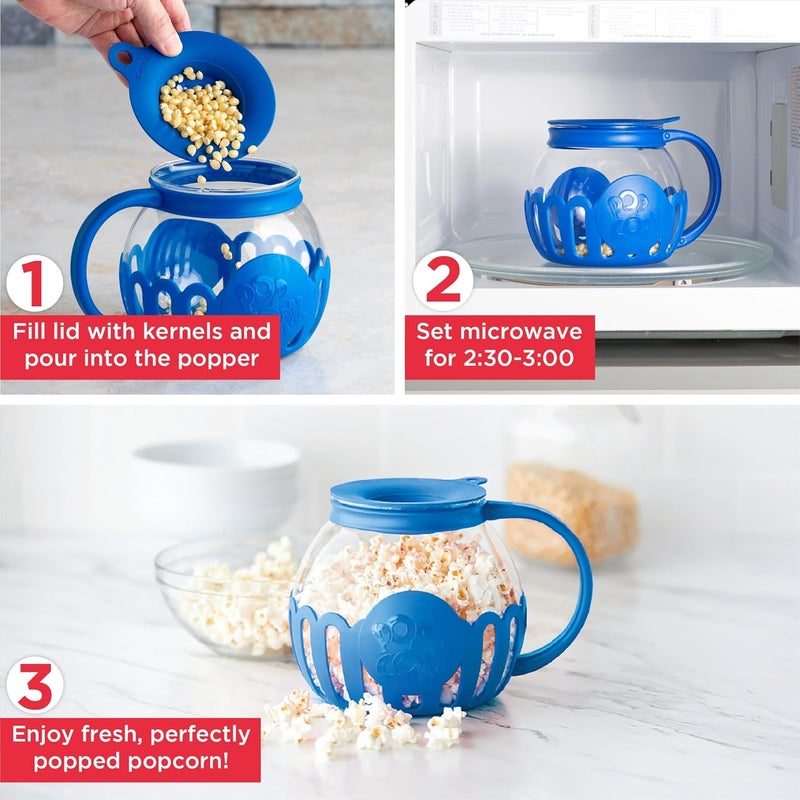 Ecolution Patented Micro-Pop Microwave Popcorn Popper with Temperature Safe Glass, 3-in-1 Lid Measures Kernels and Melts Butter, Made Without BPA, Dishwasher Safe, 1.5-Quart, Blue - Image 3