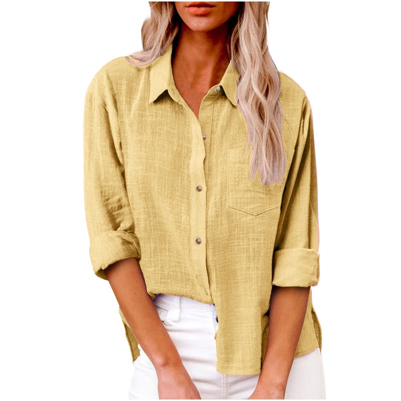 Amazon Aliexpress 2022 Popular Autum Flap Pocket Pants Slit Long-sleeved Womens Cotton and Linen Shirt Yellow