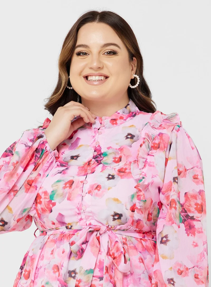 Ella Plus Printed Frill Detail Fit & Flare Dress