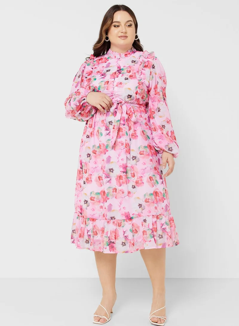 Ella Plus Printed Frill Detail Fit & Flare Dress