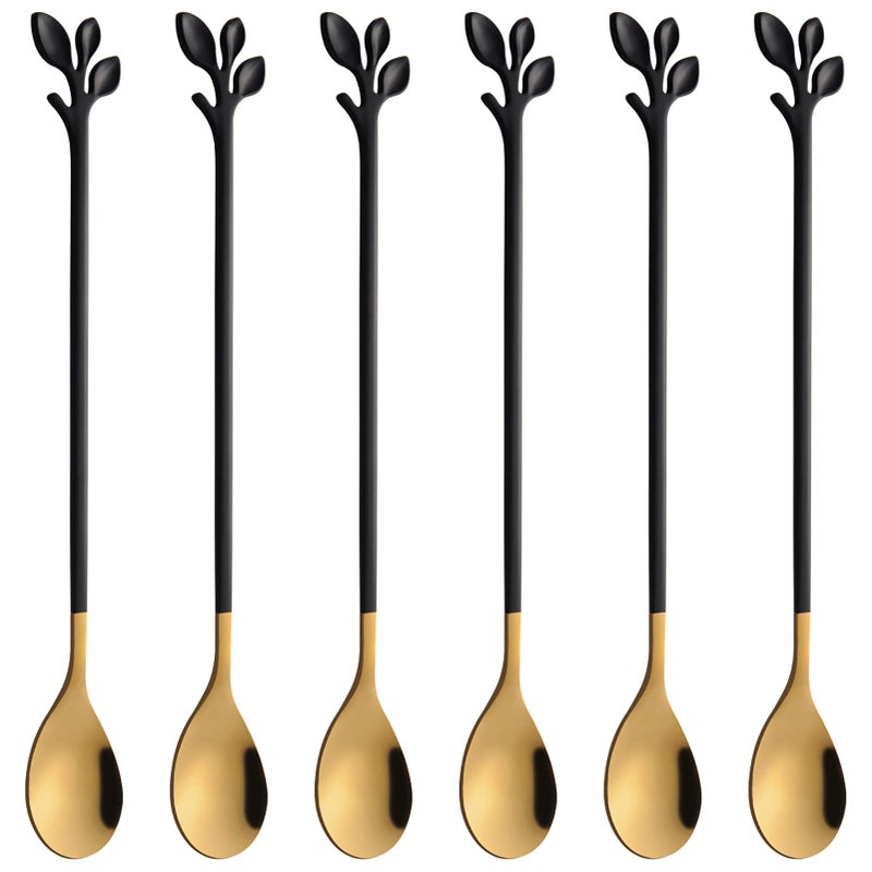 AnSaw 6Piece Elegant Black  Gold Leaf Long Handle Teaspoons  74 Stainless Steel Stir Spoons for Coffee  Tea Perfect for Mixing  Stirring