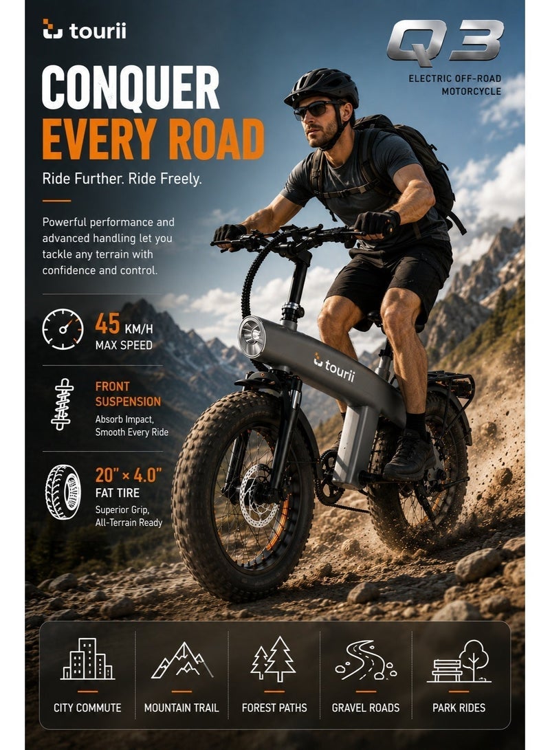 Tourii Q3 Electric Mountain Off-Road Bike, 48V 13Ah Removable Battery, 750W Brushless Motor, 20"×4.0" Fat Tires, Shimano 7-Speed, Front & Rear Disc Brakes, 45KM Electric Range, 80KM Pedal Assist - Image 4