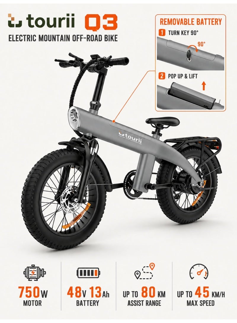 Tourii Q3 Electric Mountain Off-Road Bike, 48V 13Ah Removable Battery, 750W Brushless Motor, 20"×4.0" Fat Tires, Shimano 7-Speed, Front & Rear Disc Brakes, 45KM Electric Range, 80KM Pedal Assist - Image 1