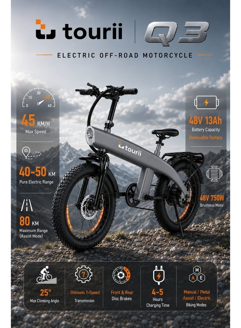Tourii Q3 Electric Mountain Off-Road Bike, 48V 13Ah Removable Battery, 750W Brushless Motor, 20"×4.0" Fat Tires, Shimano 7-Speed, Front & Rear Disc Brakes, 45KM Electric Range, 80KM Pedal Assist - Image 2