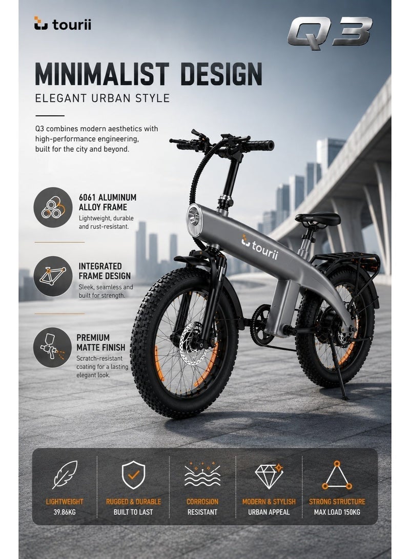 Tourii Q3 Electric Mountain Off-Road Bike, 48V 13Ah Removable Battery, 750W Brushless Motor, 20"×4.0" Fat Tires, Shimano 7-Speed, Front & Rear Disc Brakes, 45KM Electric Range, 80KM Pedal Assist - Image 3