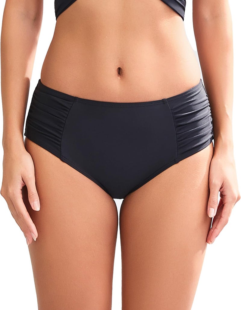 COCOPEAR Full Coverage Bikini Bottoms for Women Mid Rise Bathing Suit Bottoms for Women Ruched Tummy Control Swim Bottoms Black M - Image 1