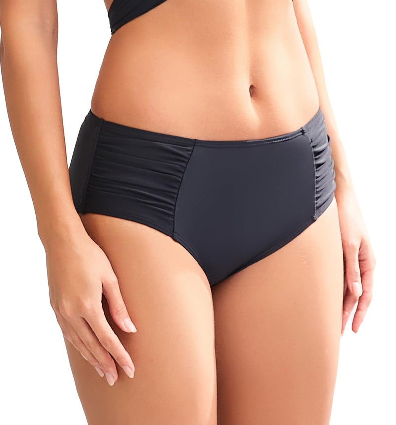 COCOPEAR Full Coverage Bikini Bottoms for Women Mid Rise Bathing Suit Bottoms for Women Ruched Tummy Control Swim Bottoms Black M - Image 2