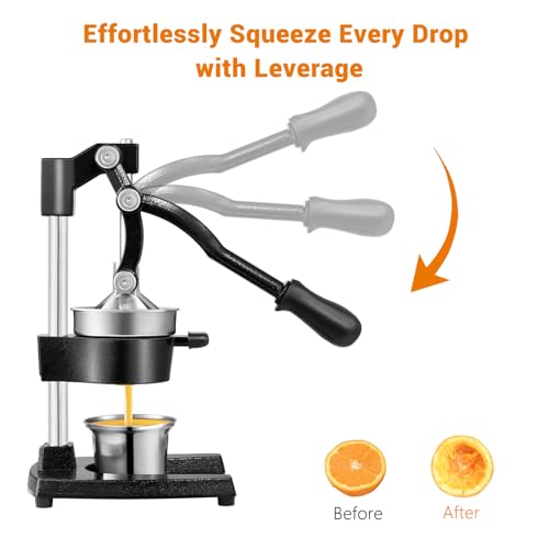 TONGCHANT Manual Juicer, Heavy Duty Cast Iron Juicer | Hand Press Juicer for Orange Lemon Lime Pomegranate & Citrus Fruits, High Leverage for Easy Juicing, Stainless Steel Cup, Easy to Clean, Black - Image 5