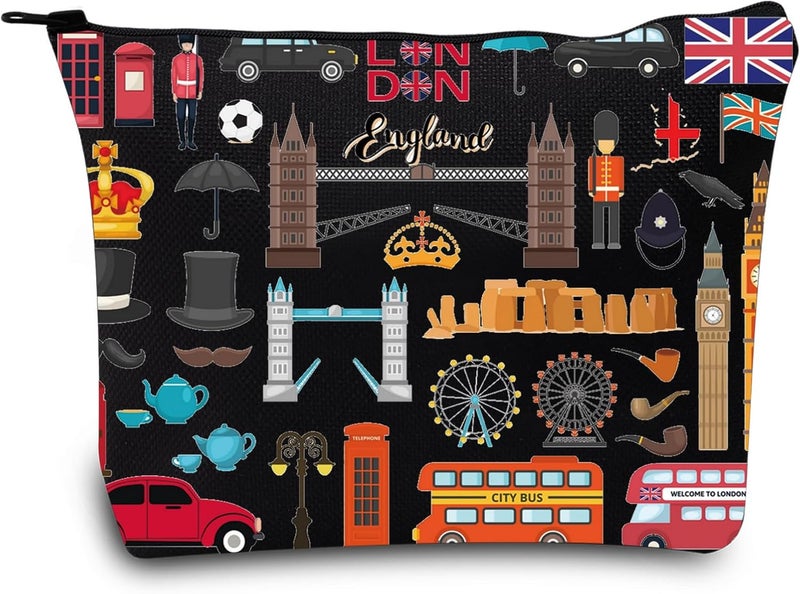 LEVLO London Travel Gift British Theme Cosmetic Bag England Souvenir Gift United Kingdom Make Up Zipper Pouch Bag London Black Cosmetic Bag