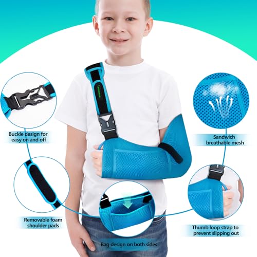 KONSEDIK Kids Arm Sling for left and right,Breathable Kids Medical Shoulder Sling with pocket,for Pediatric Rotator Cuff Injury,Arm,Wrist,Elbow,Clavicle Fracture Post-Surgery(Blue,X-Small) - Image 2