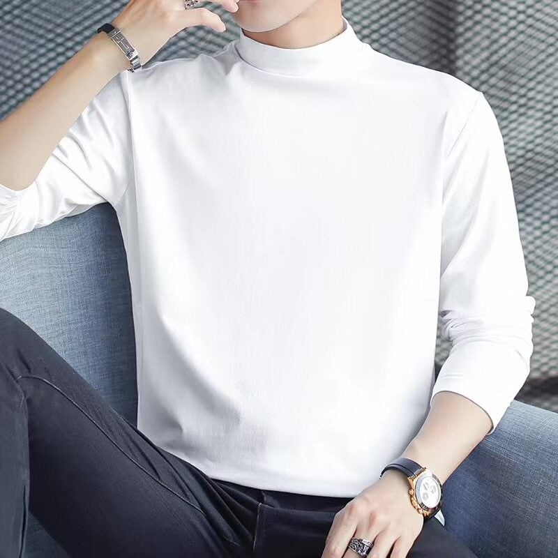 Autumn long-sleeved t-shirt men's solid color autumn clothes pure cotton modal half-turtleneck trendy Korean version thin mid-neck base shirt - Image 3