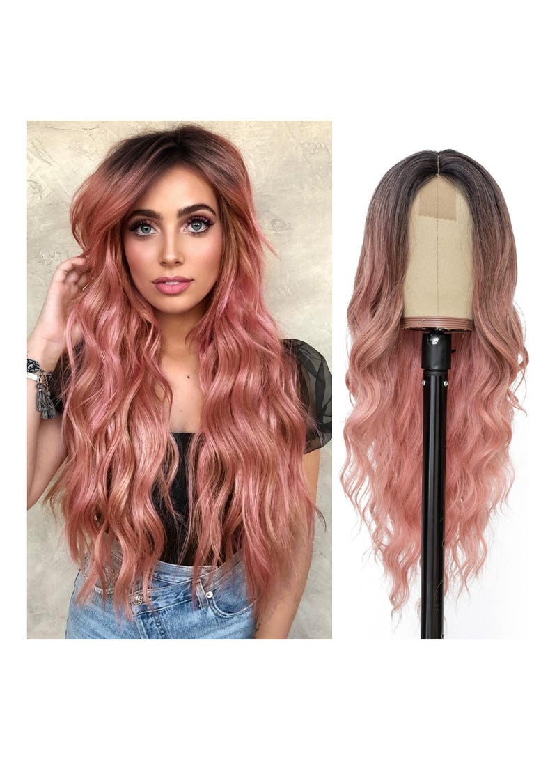 Estelle Long Ombre Pink Wavy Wig for Women 26 Inch Middle Part Curly Wavy Wig Natural Looking Synthetic Heat Resistant Fiber Wig for Daily Party Use (Ombre Pink) - Image 1