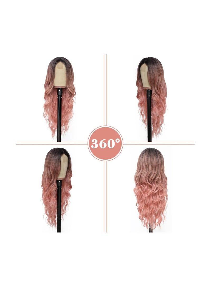 Estelle Long Ombre Pink Wavy Wig for Women 26 Inch Middle Part Curly Wavy Wig Natural Looking Synthetic Heat Resistant Fiber Wig for Daily Party Use (Ombre Pink) - Image 3