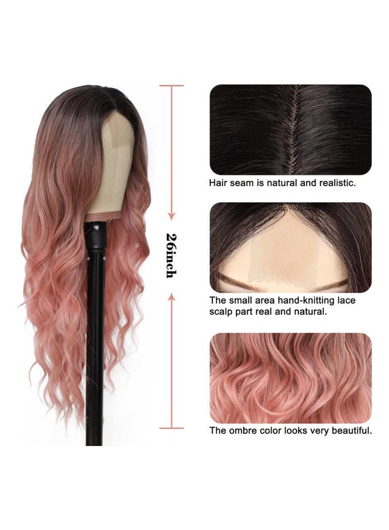 Estelle Long Ombre Pink Wavy Wig for Women 26 Inch Middle Part Curly Wavy Wig Natural Looking Synthetic Heat Resistant Fiber Wig for Daily Party Use (Ombre Pink) - Image 4