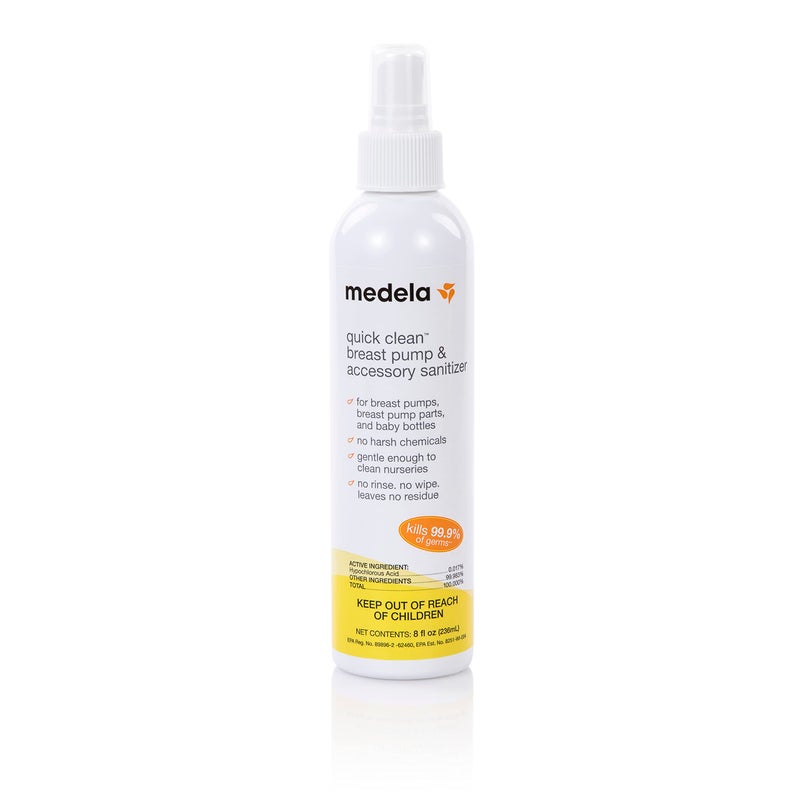 Medela بخاخ تعقيم مضخة الثدي وإكسسواراتها من ميديلا - آمن بدون شطف - معقم مضخة الثدي يقضي على 99.9% من البكتيريا والجراثيم الشائعة - 8 أونصات سائلة، شفاف - Image 1