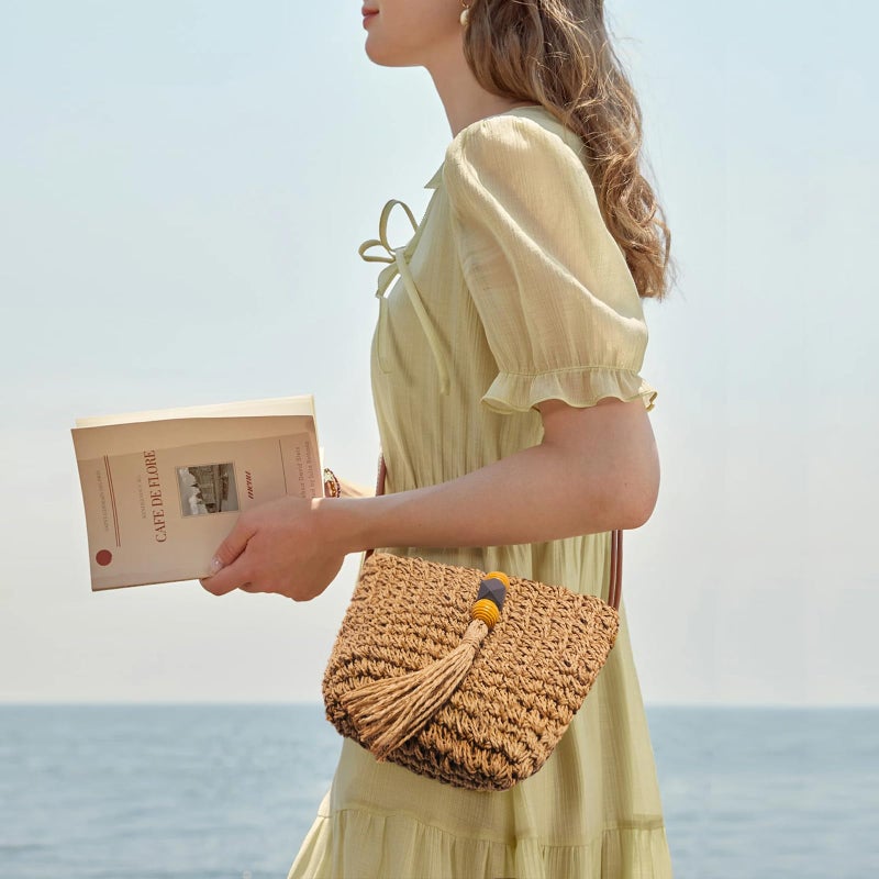 NEWROGENG Handwoven Straw Bag for Women Vacation, Boho Beach Purse for Summer Wicker Crossbody Purse with Tassels Rattan Woven Bag, Khaki - Image 3