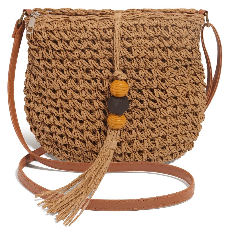 NEWROGENG Handwoven Straw Bag for Women Vacation, Boho Beach Purse for Summer Wicker Crossbody Purse with Tassels Rattan Woven Bag, Khaki - Image 1