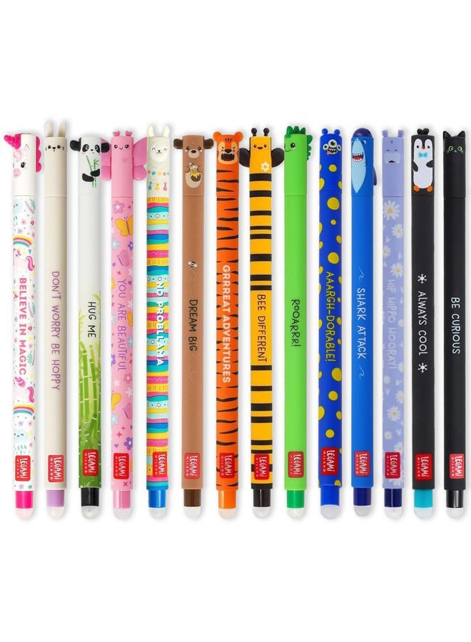 Legami Set of 14 Erasable Gel Pens with Thermosensitive Erase Ink, Range of ink colours & barrel designs, 0.7mm Tip, Animal Designs - Image 1