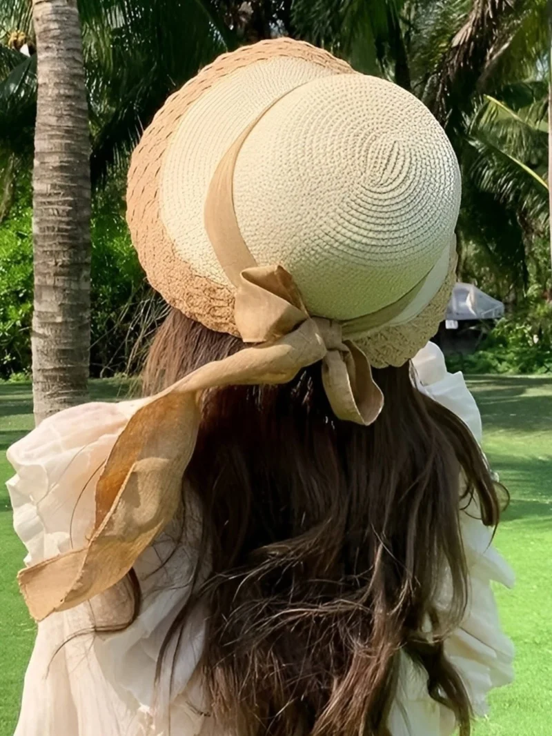 Tezzgelsin Women's Bow Patterned Organic Straw Foldable Summer Hat