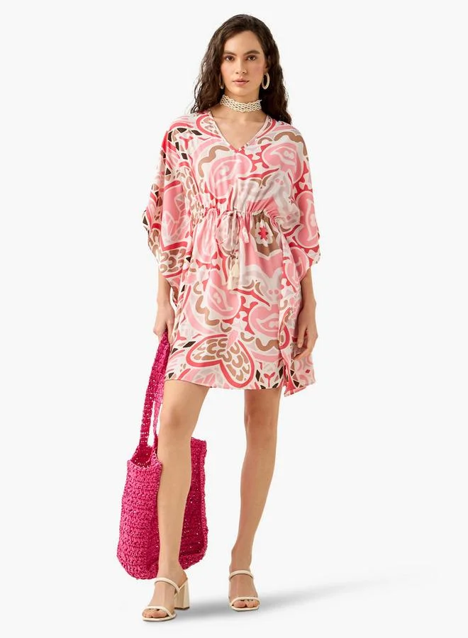 سبلاش فيڤ كيمونو بطبعة مع رباط ورقبة على شكل