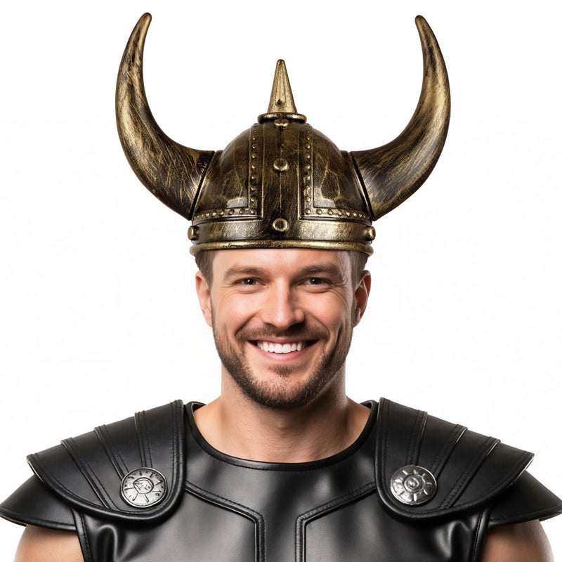 Farochy Viking Helmet with Horns for Adult, Medieval Viking Costume Viking Accessories Plastic Viking Hat for Halloween Cosplay (Bronze) - Image 1