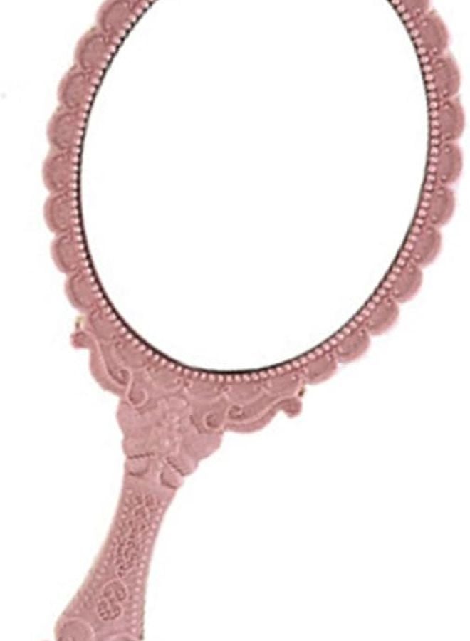 Pink Vintage Hand Held Makeup Mirror Portable Retro Pattern Handle 3.9 Inch - Image 1