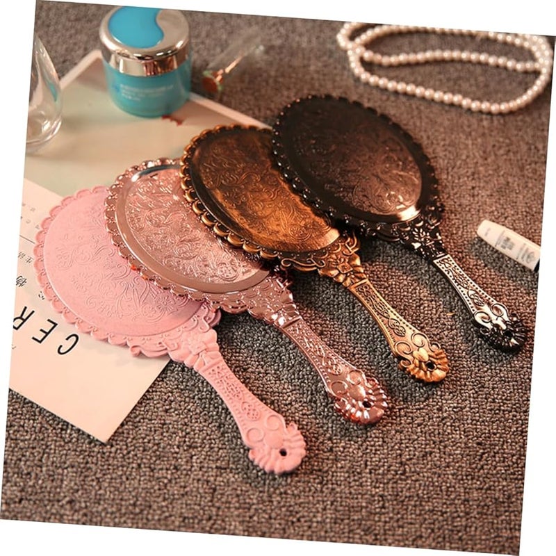 Pink Vintage Hand Held Makeup Mirror Portable Retro Pattern Handle 3.9 Inch - Image 5
