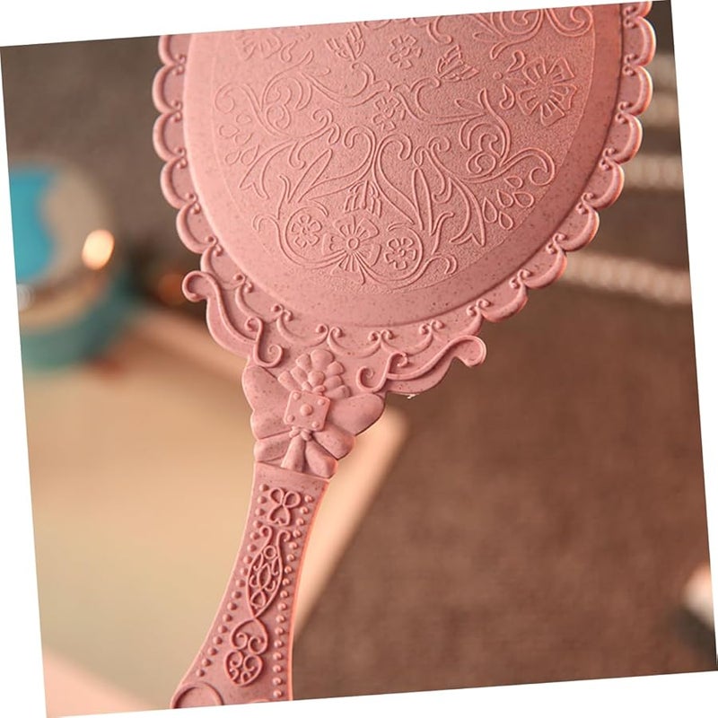 Pink Vintage Hand Held Makeup Mirror Portable Retro Pattern Handle 3.9 Inch - Image 4