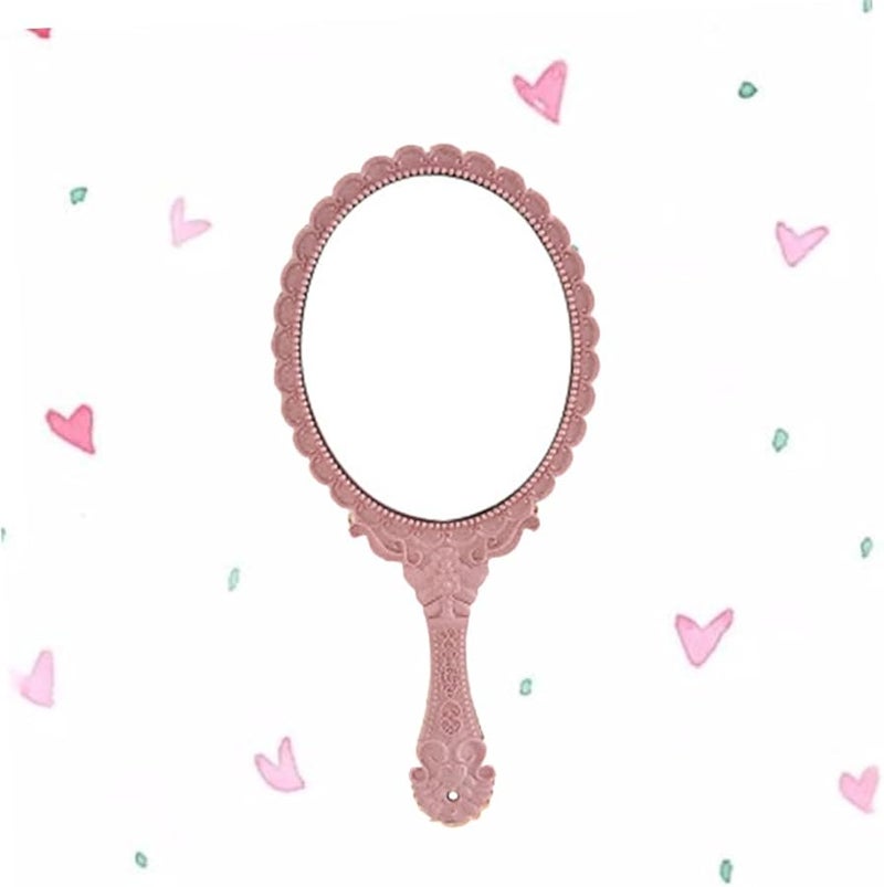 Pink Vintage Hand Held Makeup Mirror Portable Retro Pattern Handle 3.9 Inch - Image 2