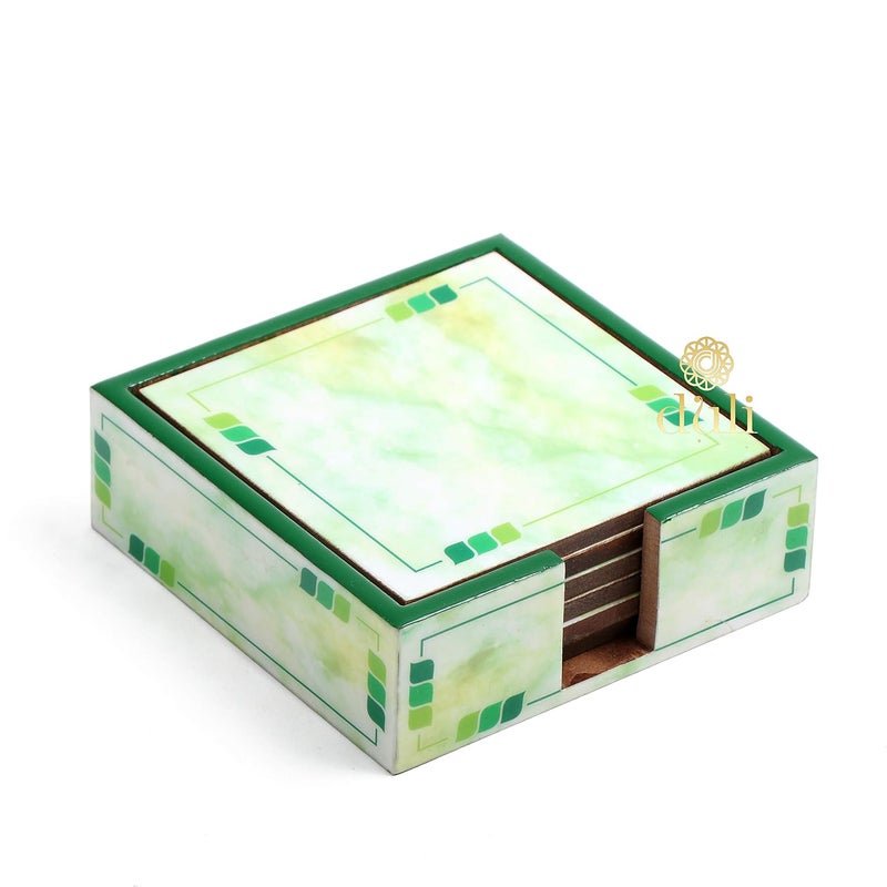 DULI Set of 6 MDF Wood Tea Coasters with Stand (10 * 10 cm) (Green Shaded) - Image 1
