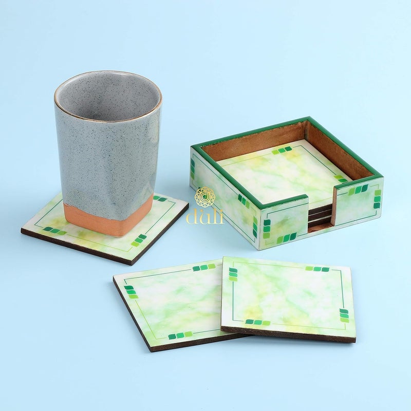 DULI Set of 6 MDF Wood Tea Coasters with Stand (10 * 10 cm) (Green Shaded) - Image 4