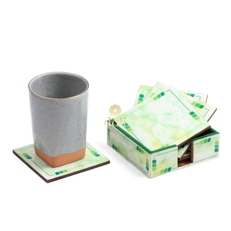 DULI Set of 6 MDF Wood Tea Coasters with Stand (10 * 10 cm) (Green Shaded) - Image 2