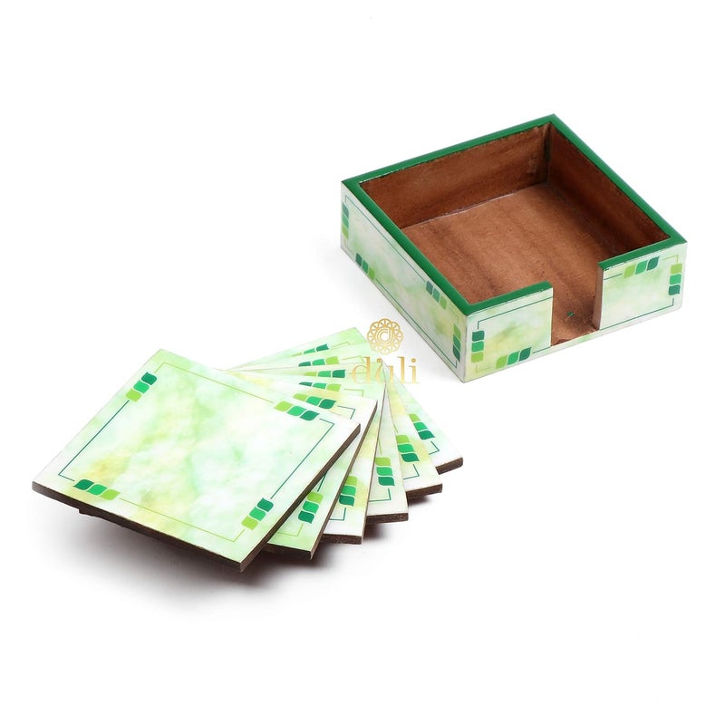DULI Set of 6 MDF Wood Tea Coasters with Stand (10 * 10 cm) (Green Shaded) - Image 5
