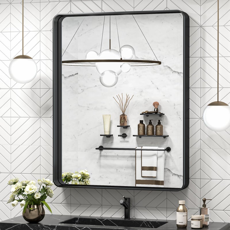 TokeShimi 30 x 36 Inch Black Bathroom Mirror for Wall Vanity Mirror with NonRusting Aluminum Alloy Metal Frame Rounded Corner for Modern Farmhouse Home Decor HorizontalVertical