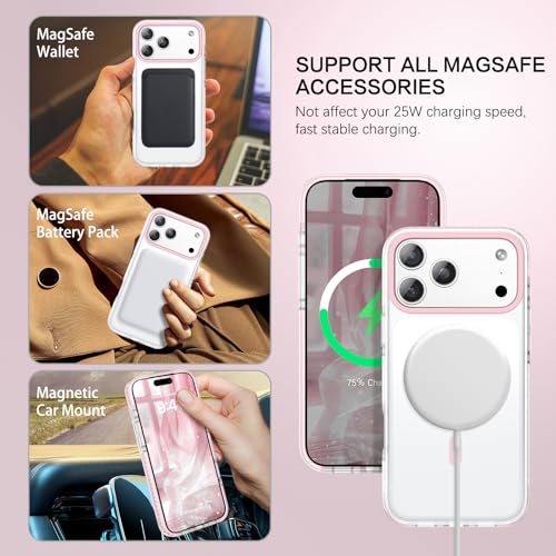 BENTOBEN Magnetic for iPhone 17 Pro 63 Case Compatible with Magsafe Military Shockproof Protective Cute Transparent Slim AntiYellowing Phone Case for iPhone 17 Pro Cover Clear Pink - Image 3