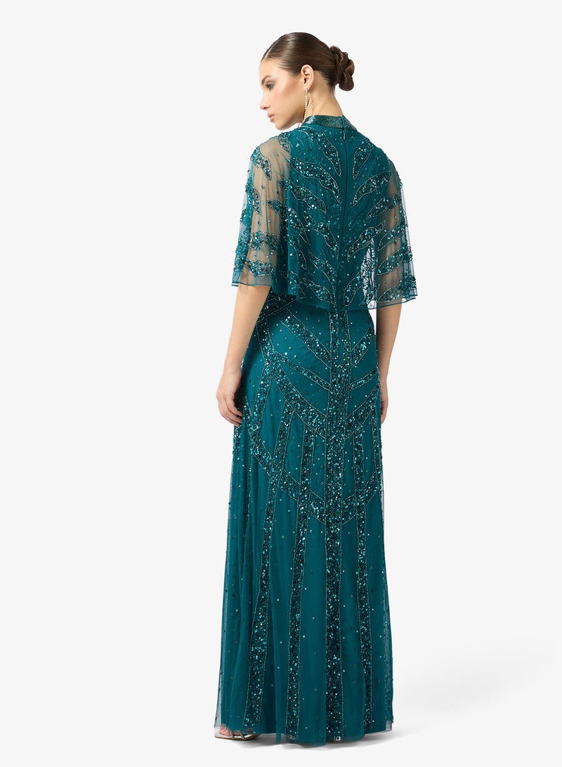 Amelia Rose Embellished V Neck Mesh Sleeve Maxi Dress - Image 2