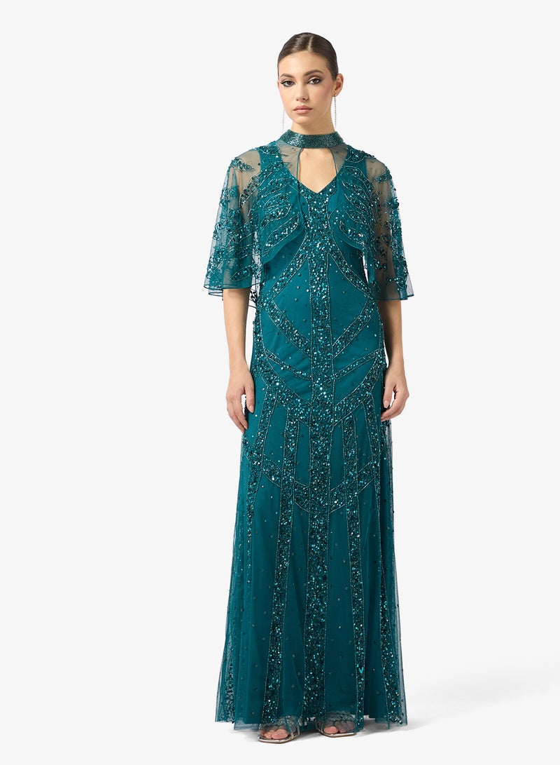 Amelia Rose Embellished V Neck Mesh Sleeve Maxi Dress - Image 1