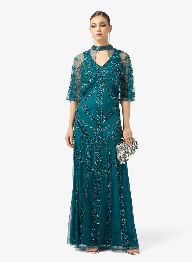 Amelia Rose Embellished V Neck Mesh Sleeve Maxi Dress - Image 4
