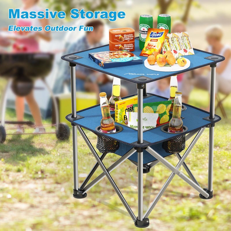 ARMOR CASTLE Folding Camping Table, Portable Outdoor Picnic Table, Lightweight Square Camp Table with Built-in 4 Cup Holders Food Basket and Travel Bag for Barbeque Beach Camping and Tailgate Blue - Image 5