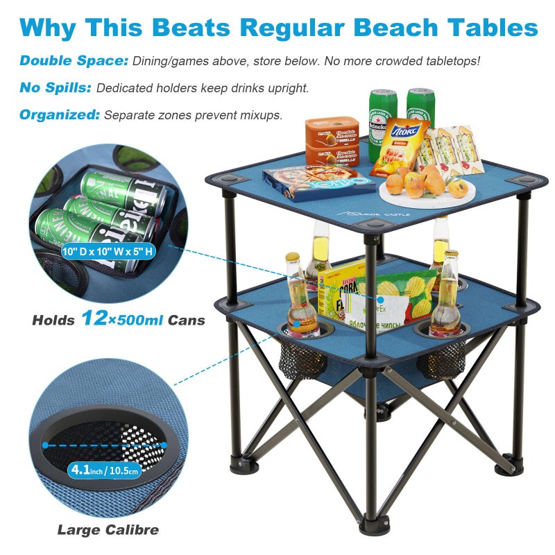 ARMOR CASTLE Folding Camping Table, Portable Outdoor Picnic Table, Lightweight Square Camp Table with Built-in 4 Cup Holders Food Basket and Travel Bag for Barbeque Beach Camping and Tailgate Blue - Image 2