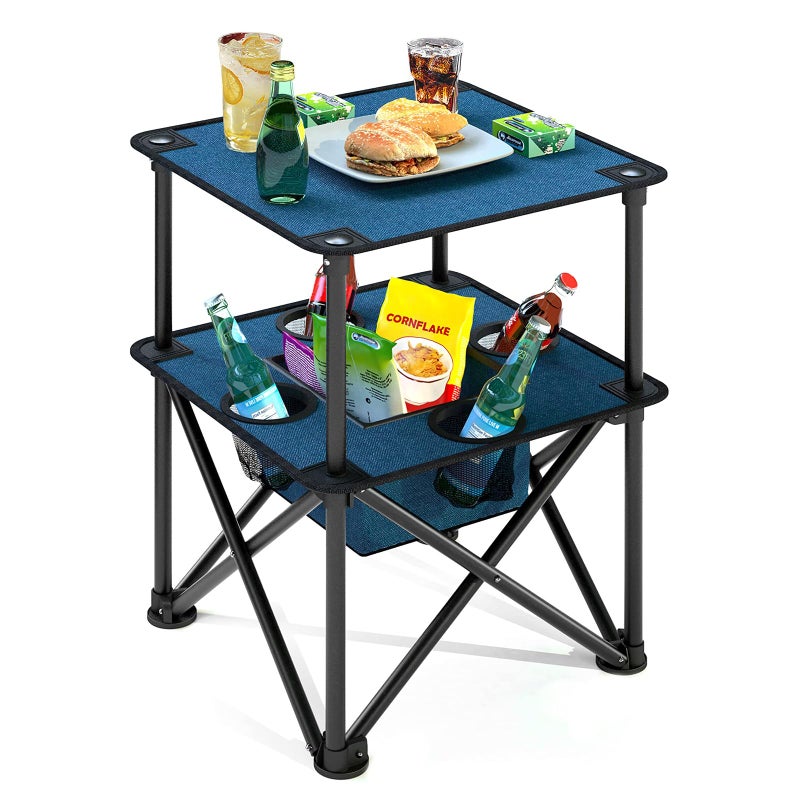 ARMOR CASTLE Folding Camping Table, Portable Outdoor Picnic Table, Lightweight Square Camp Table with Built-in 4 Cup Holders Food Basket and Travel Bag for Barbeque Beach Camping and Tailgate Blue - Image 1
