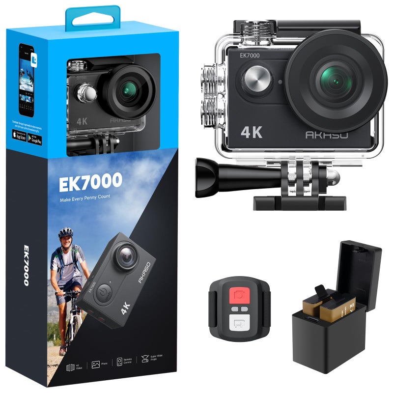 AKASO EK7000 4K30FPS 20MP WiFi Action Camera with EIS Ultra HD Underwater Camera 131FT Waterproof Camera Remote Control 4X Zoom in Photo Mode Support External Microphone Black - Image 1