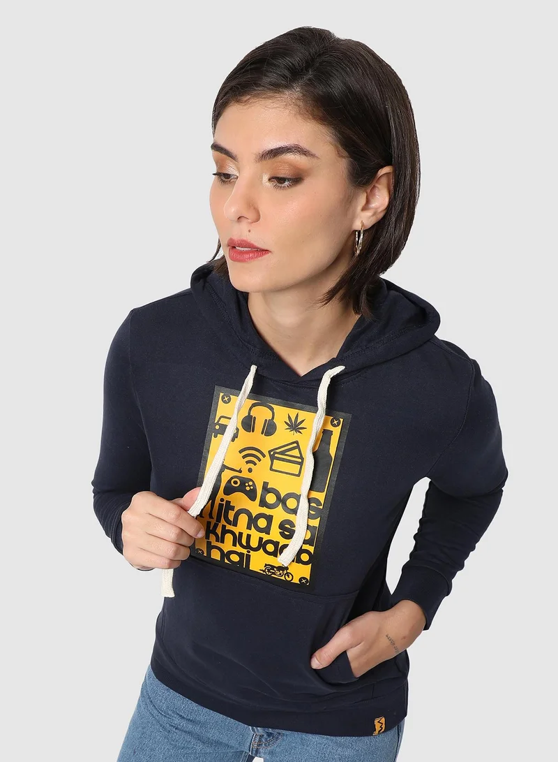 Campus Sutra Women's Midnight Blue Little-Dreams Print Pullover Hoodie