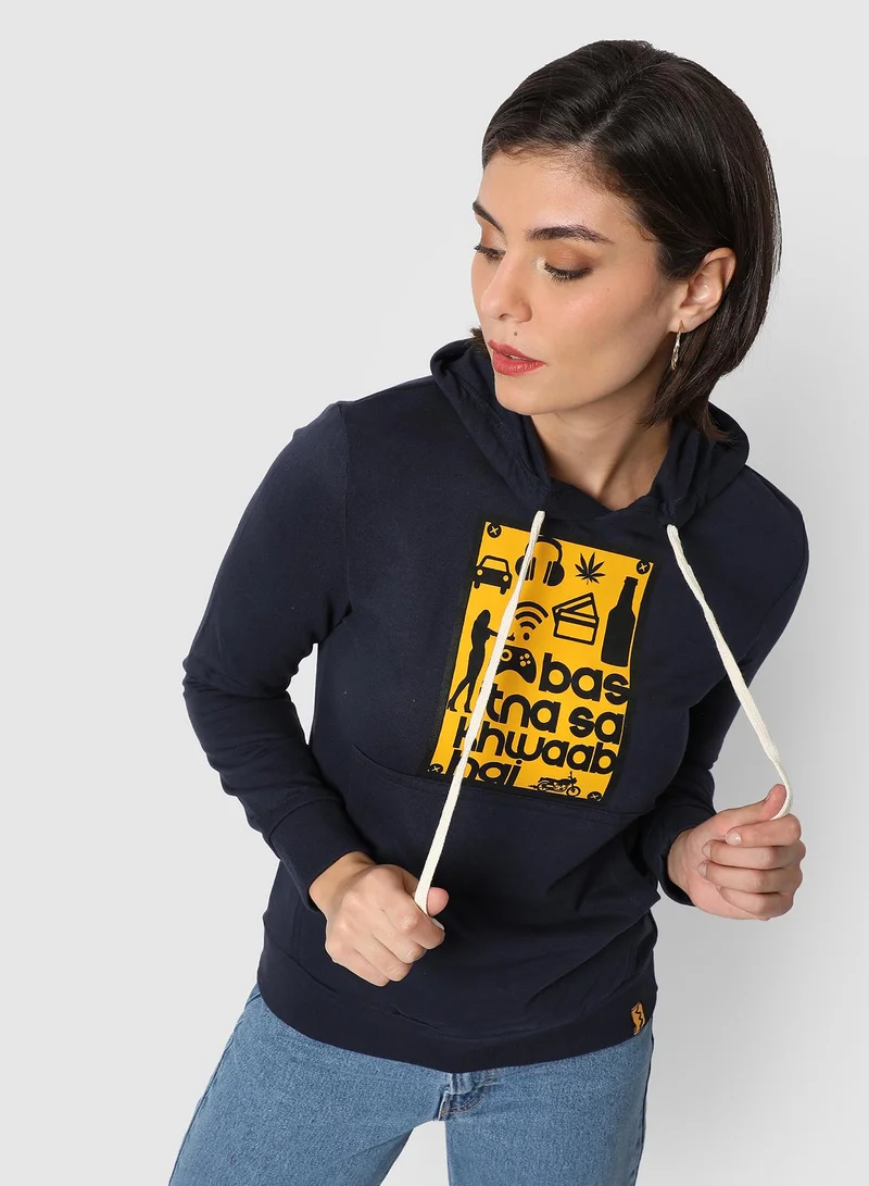 Campus Sutra Women's Midnight Blue Little-Dreams Print Pullover Hoodie