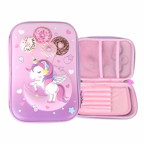 PLUSPOINT 3D Eva Unicorn Pencil case Large Capacity Cute Stylish EVA Case Waterproof Compass, School Supply Organizer for Students, Stationery Box, Cosmetic Zip Pouch Bag (Big Unicorn-Purple) - Image 1