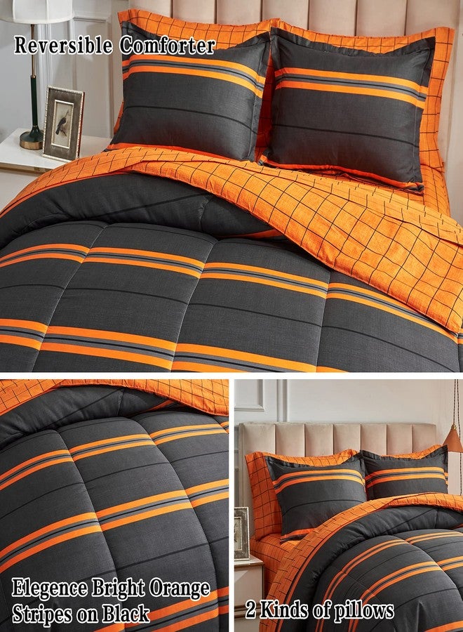 Flysheep Boho Striped Halloween Bed in a Bag 7 Pieces Queen Size, Ombre Bright Orange Stripes on Black Comforter Sheet Set (1 Comforter, 1 Flat Sheet, 1 Fitted Sheet, 2 Pillow Shams, 2 Pillowcases) - Image 4