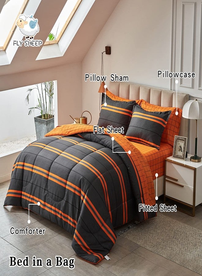 Flysheep Boho Striped Halloween Bed in a Bag 7 Pieces Queen Size, Ombre Bright Orange Stripes on Black Comforter Sheet Set (1 Comforter, 1 Flat Sheet, 1 Fitted Sheet, 2 Pillow Shams, 2 Pillowcases) - Image 3