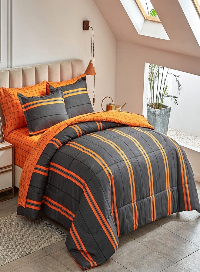 Flysheep Boho Striped Halloween Bed in a Bag 7 Pieces Queen Size, Ombre Bright Orange Stripes on Black Comforter Sheet Set (1 Comforter, 1 Flat Sheet, 1 Fitted Sheet, 2 Pillow Shams, 2 Pillowcases) - Image 1