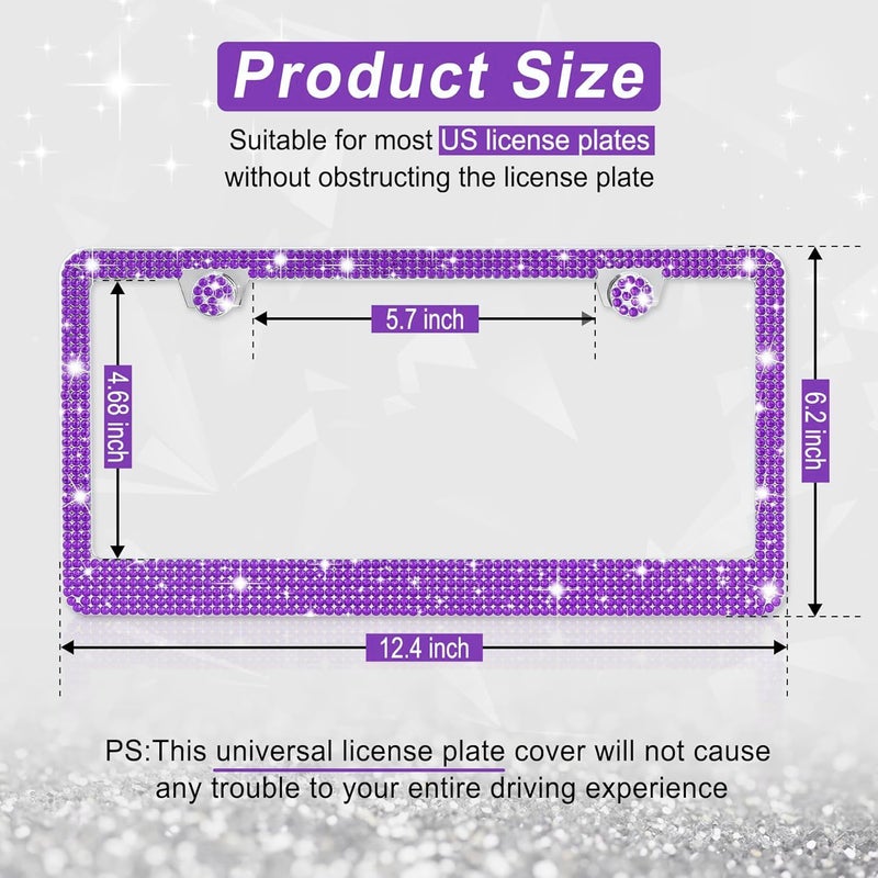 Amiss Bling License Plate Frame for Women, 2Pack Rhinestone Handcrafted Crystal Premium Stainless Steel, Stainless Steel Car Decorative Accessories with Diamond Sparkle Glitter Caps (Purple) - Image 2