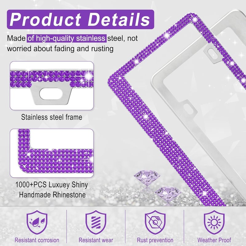 Amiss Bling License Plate Frame for Women, 2Pack Rhinestone Handcrafted Crystal Premium Stainless Steel, Stainless Steel Car Decorative Accessories with Diamond Sparkle Glitter Caps (Purple) - Image 3